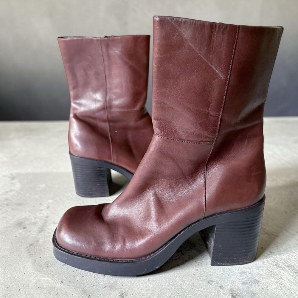 Vintage 90s Chunky Block Heel Platform Genuine Leather Boots Brown Size 8